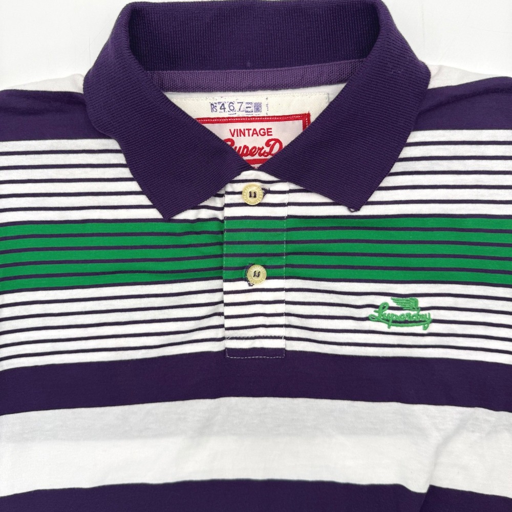 Superdry Polo Shirt Men Large Purple White Striped Black Label British Style